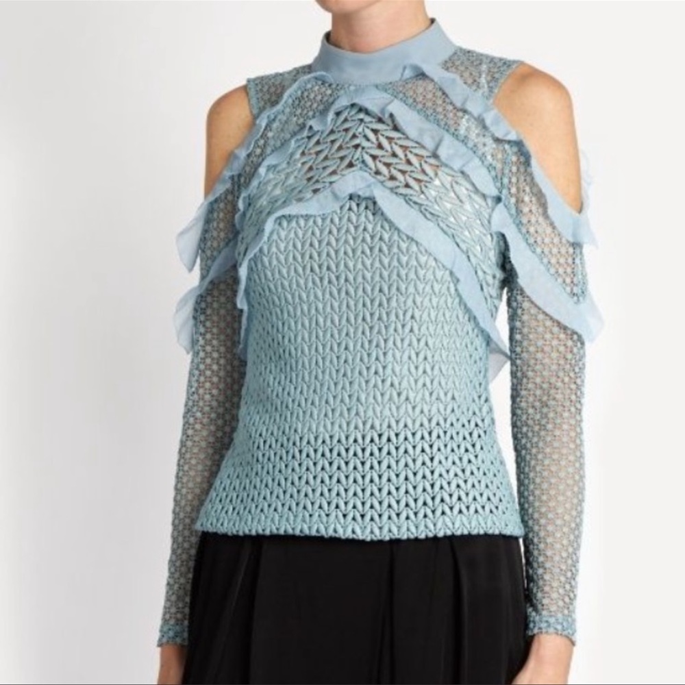 Self-portrait Powder Blue Purl Knit Pattern Lace Ruffle Trim Cold Shoulder Top 2